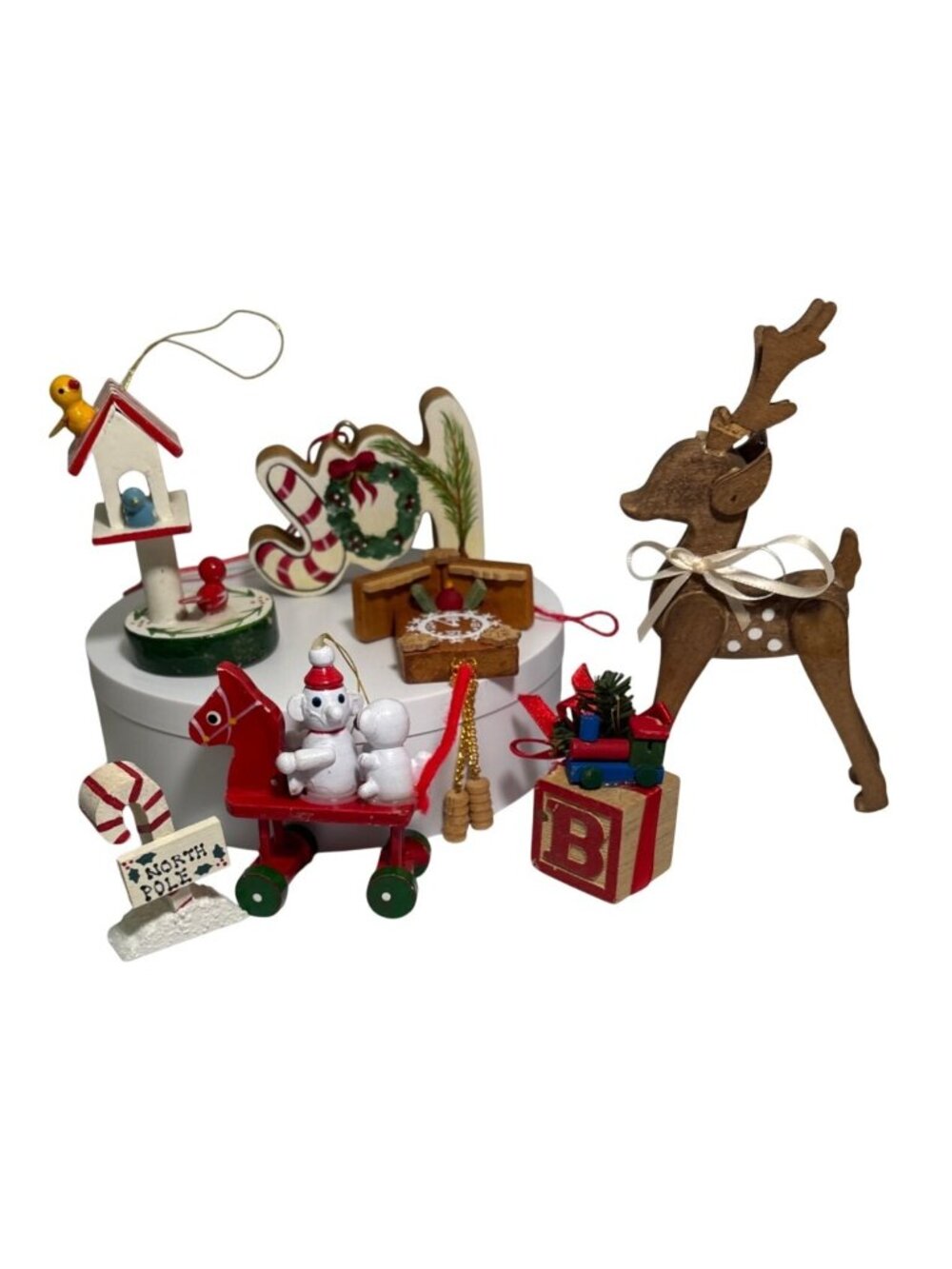 7 Wooden Christmas Ornaments Reindeer Rocking Horse Bird House Snowman Joy Vtg